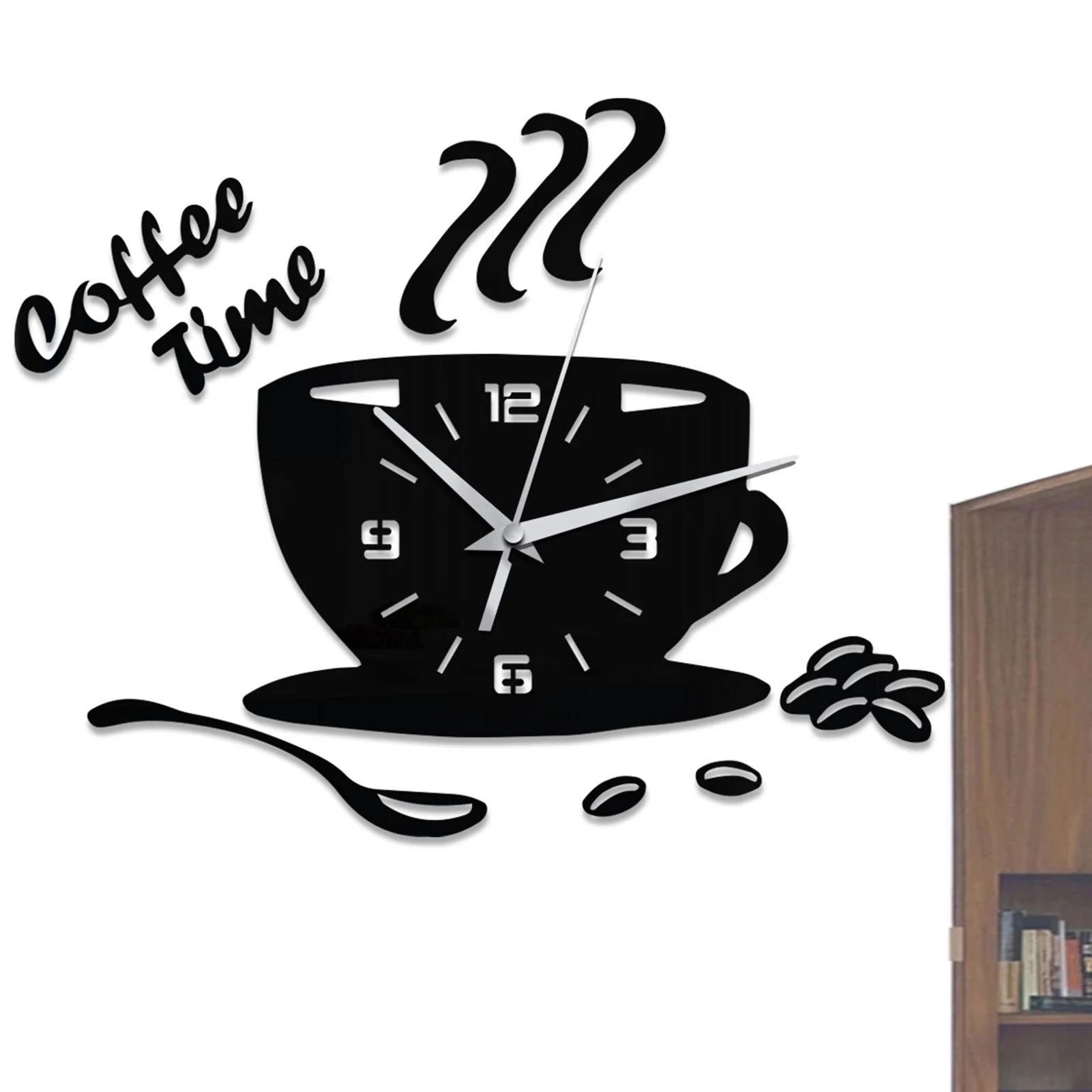 

3D Mirror Coffee Cup Shaped Wall Clocks Modern Design Creative Wall Clock Sticker For DIY Kitchen Living Room Home Decorations
