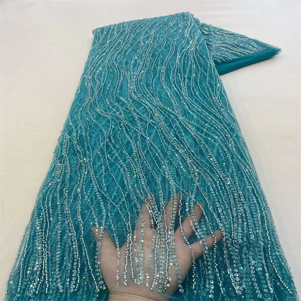 

2023 Elegant Heavy Beaded Sequins Lace Fabric With Bead Nigerian 3D Embroidery Mesh Lace Fabric For Wedding Dresses XZ450