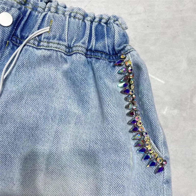2023 Summer New Denim Shorts Exquisite Rhinestone Beaded High Waist Shorts Slimming Wide-Leg Loose Casual Short Pants Female