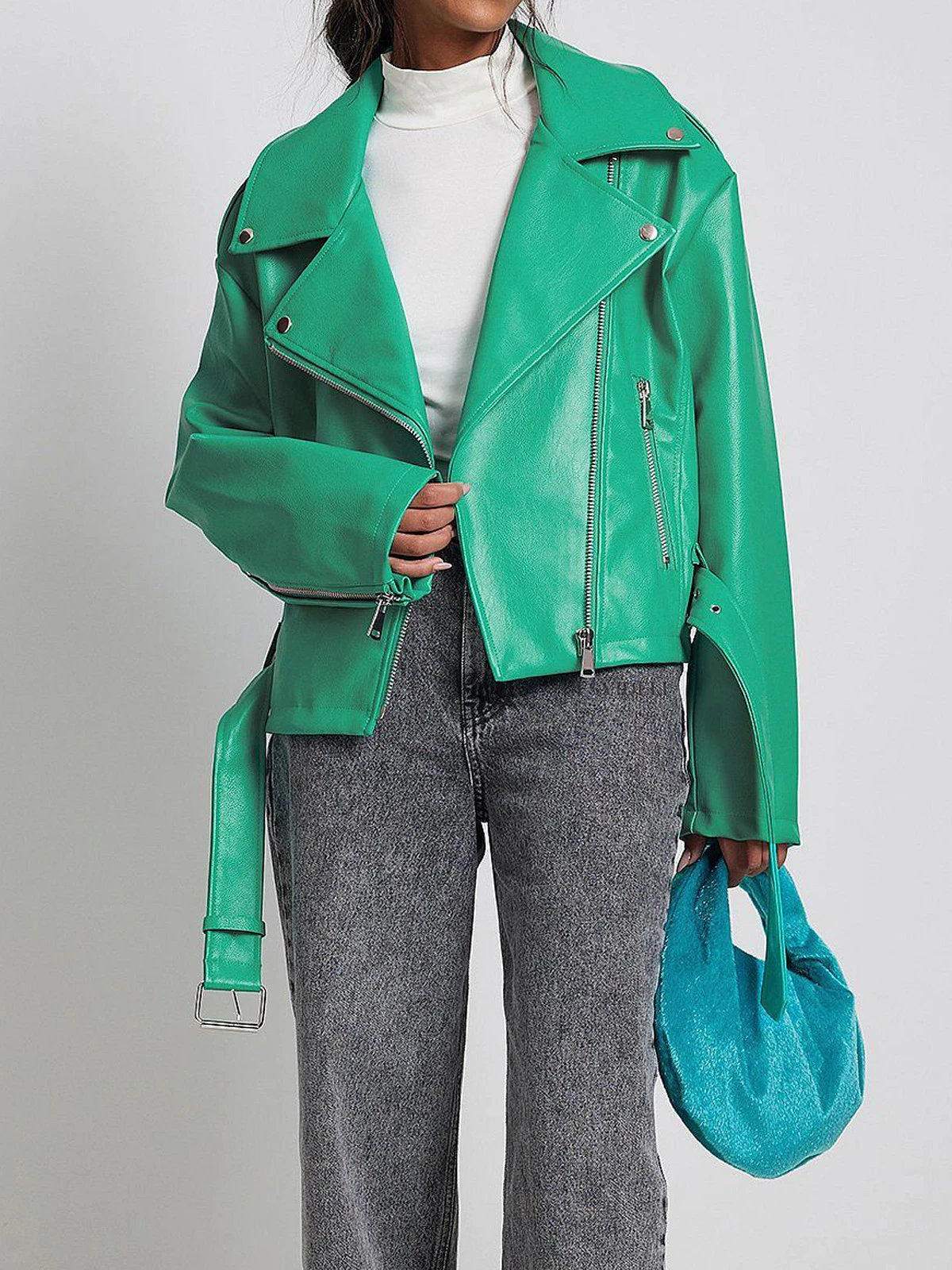 Autumn Winter Fashion Long Sleeve Zip-up Black PU Leather Jackets Women's Turn-down Collar Short Motorcycle Coats Streetwear