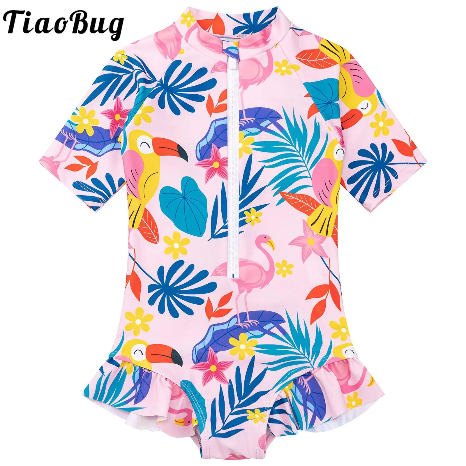 

Kids Girls One-piece Swimsuit Print Mock Neck Short Sleeve Front Zip Ruffle Flounce Hawaii Swimming Bathing Jumpsuit Beachwear