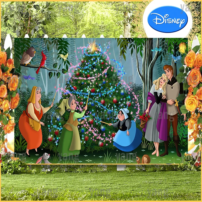 Lovely Custom Disney Princess Magic Maid Photo Backdrop Xmas Tree Lively Forest Christmas Party Backgrounds Banner Decoration
