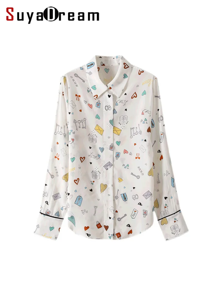 SuyaDream Woman Printe Shirts 100%Pure Silk Long Sleeved Cute Blouses 2022 Spring Autumn White Clothes