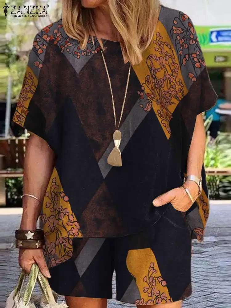 

Комплект ZANZEA женский летний с цветочным принтом, блузка с рукавом до локтя и круглым вырезом, повседневные богемные праздничные Короткие шт...