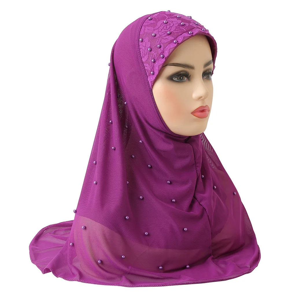 

H078 Gauze 2 Layer Muslim Women Hijabs Scarf Beads Decor Turban Head Wrap Islam Arabic Jersey Hijab Cap Net Yarn Headscarf Headb