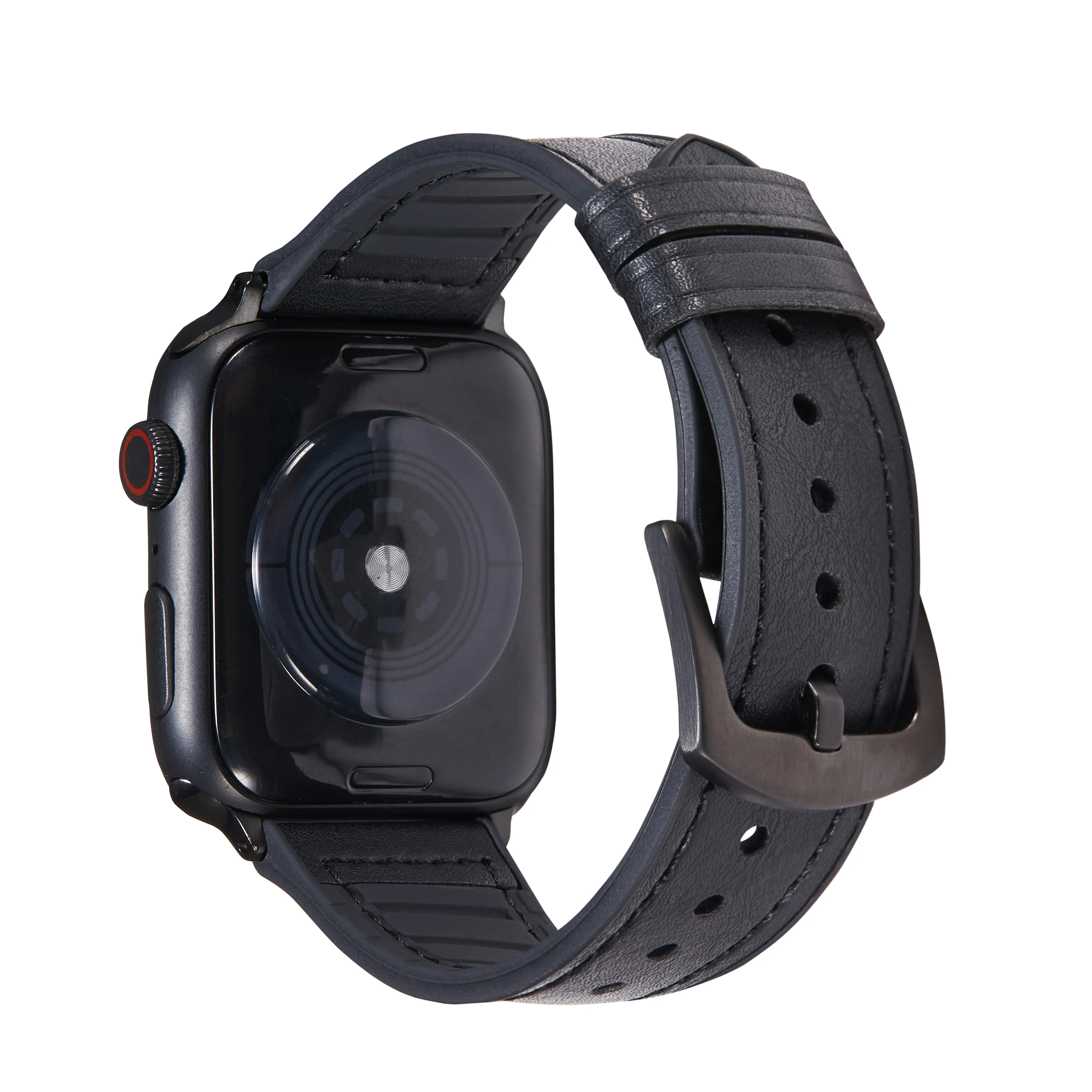 

Quick Release Black Watch Band Genuine Leather Silicone Rubber Hybrid Watch Strap apple watch band