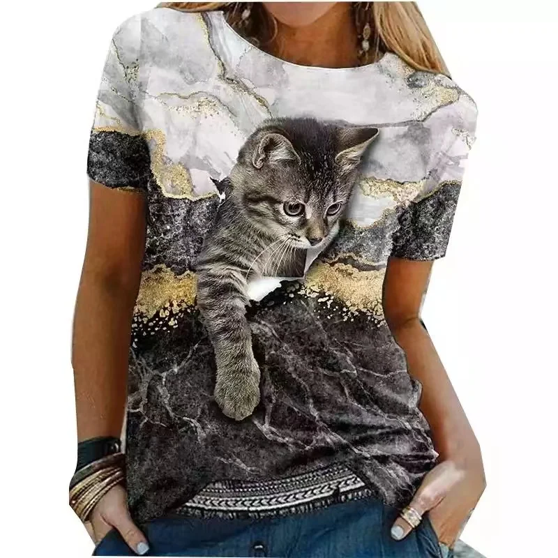 

2022 Summer 3D Cute Cat Fashion Print T-shirt Women's Clothing Short Sleeves Harajuku Animals Girls Kawaii Top Tee 티셔츠 футболка