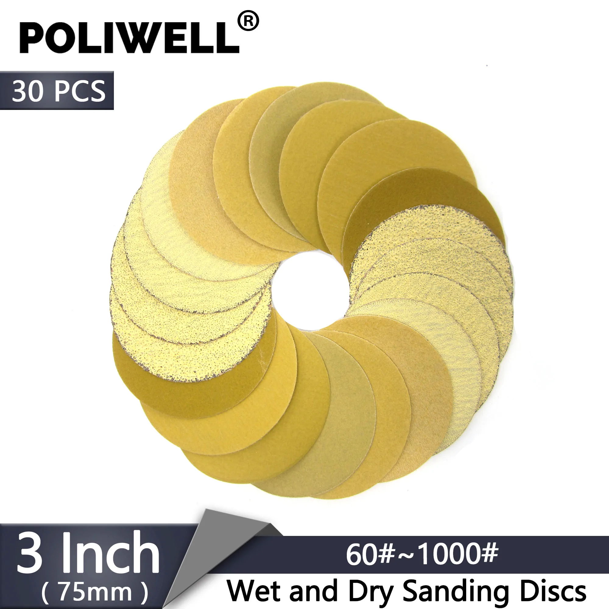 

30PCS 3 Inch 75mm Grit 60-1000 Aluminum Oxide Gold Sanding Discs Round Hook&Loop Dry Sanding Paper for Wood Grinding