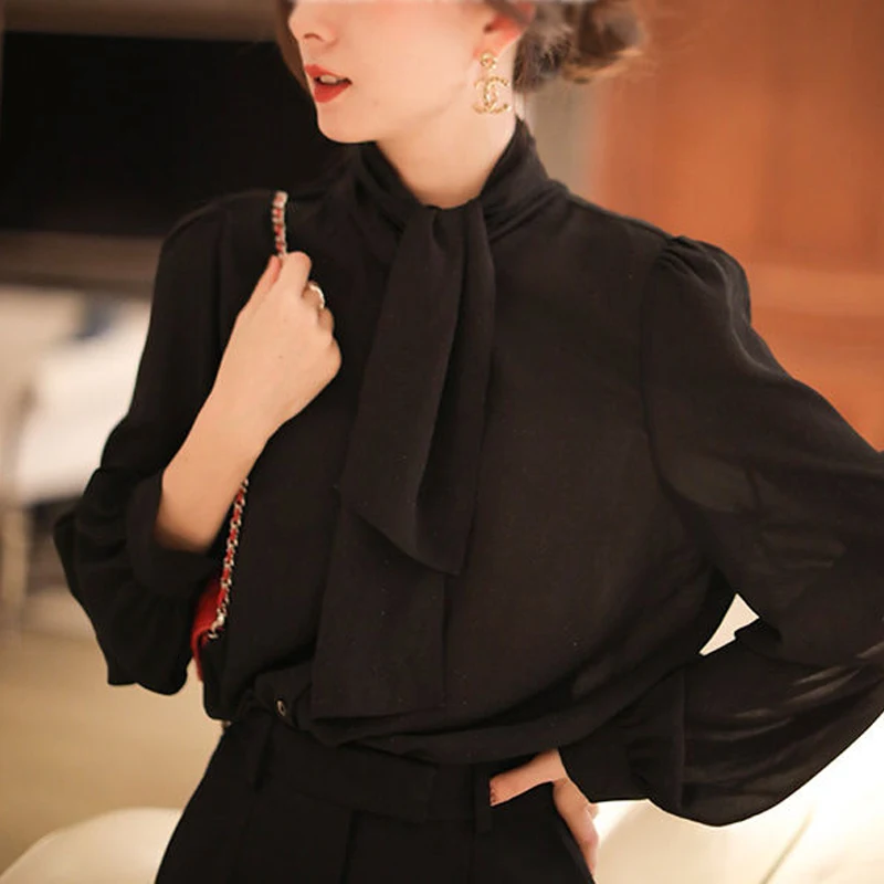 Весенне-осенняя новая однотонная модная рубашка с шарфом и воротником длинным