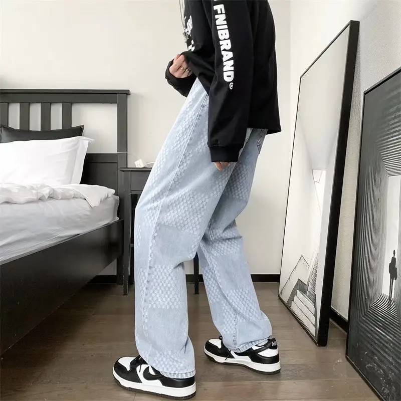 Mens Printed Jeans 2023 New Light Blue Straight Lift Pattern Loose High Street Casual Boyfriend Pants