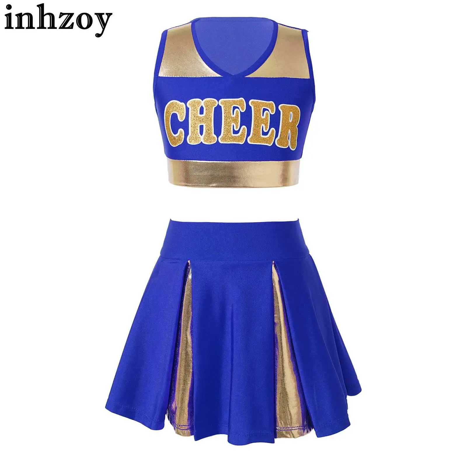 

Kids Girls 2Pcs Cheerleading Dance Clothes Set Letter Print Sleeveless V Neckline Crop Top with Pleated Mini Skirt Child Uniform