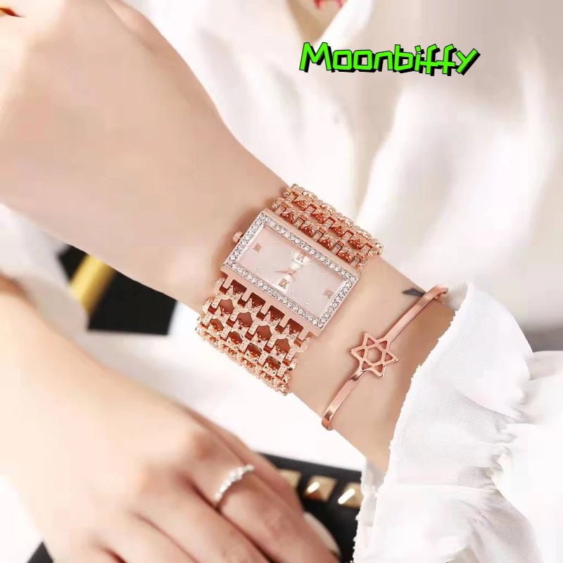 

Часы Moonbiffy для женщин, золотистые, серебристые, квадратные часы, украшенные блестками, в стиле хип-хоп, роскошные модные, простые часы для женщин