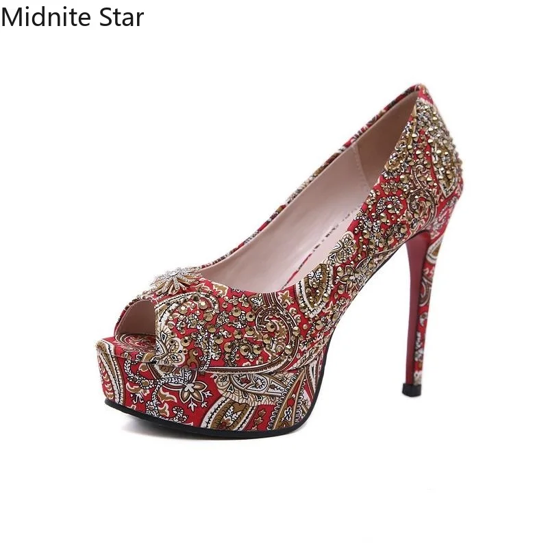 

Spring and Summer Leather Sexy Fish Mouth High-heeled Shoes Women's Shallow Stiletto Platform Wedding Shoes Heel Height 12cm