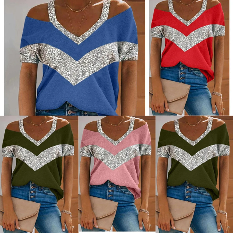 

2022 New Spring Summer Urban Leisure V-neck Off Shoulder Short Sleeve Loose Oversized T Shirt Tops for Women Office Lady Tee