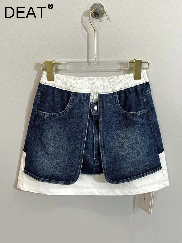 

DEAT Women's Denim Skirt Patchwork Pocket Elastic High Waist Contrast Color A-line Mini Skirts 2023 Summer New Fashion 29L1313
