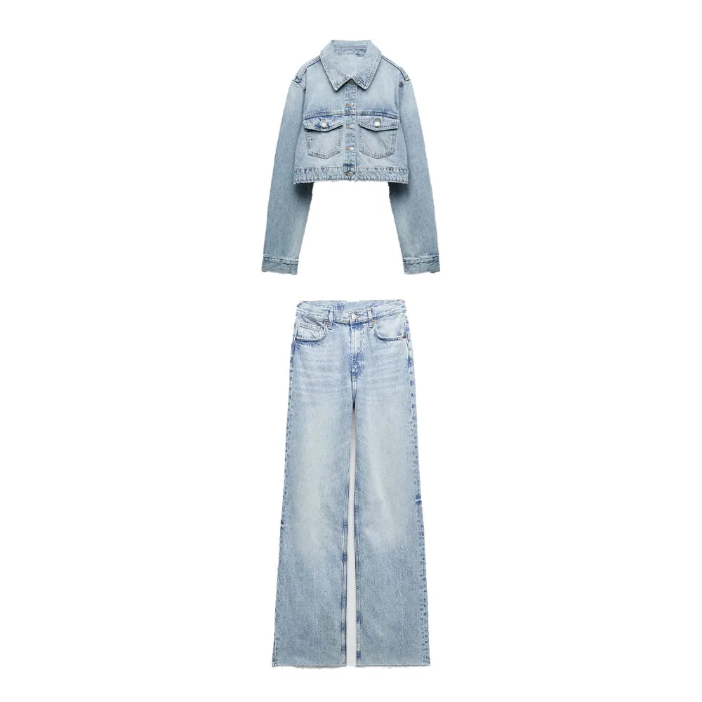 

Zach AiIsa autumn and winter new women's fashion pocket short denim jacket + all-match high-waist casual loose wide-leg jeans