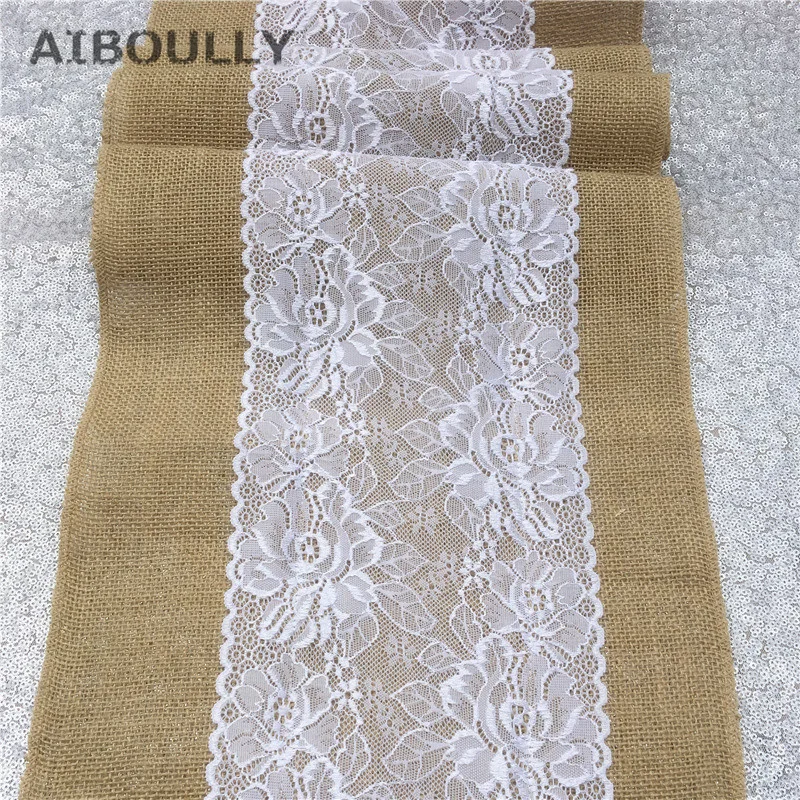 

30*108CM Vintage Burlap Lace Table Runner Luxury Natural Jute Hessian Table Decoration for Country Wedding Party Supplies