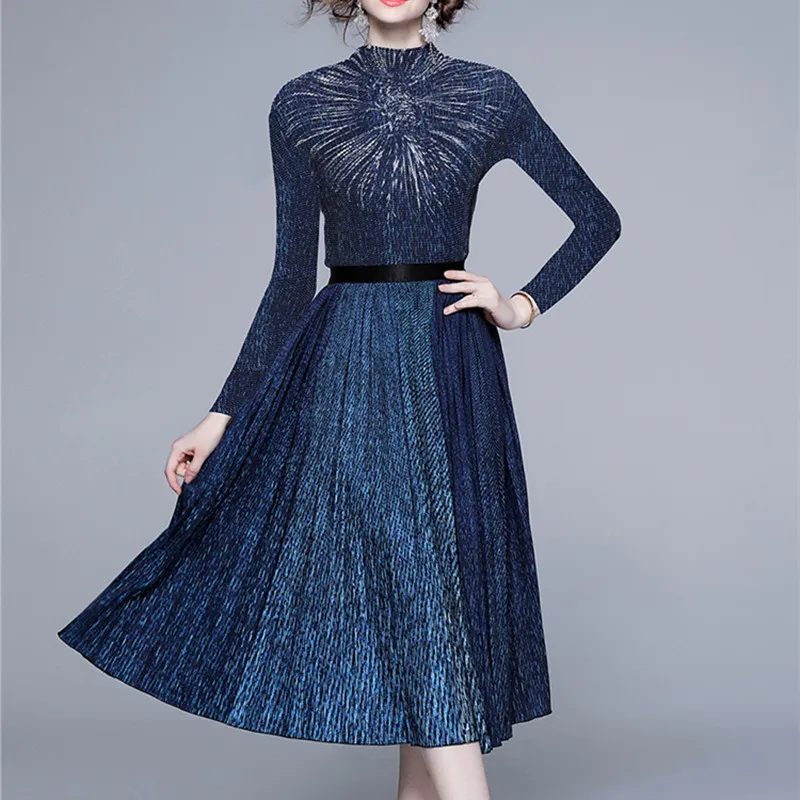 

Женский модельный костюм из двух предметов, винтажный топ с высоким воротником и длинным рукавом и плиссированная юбка миди, осенний костюм