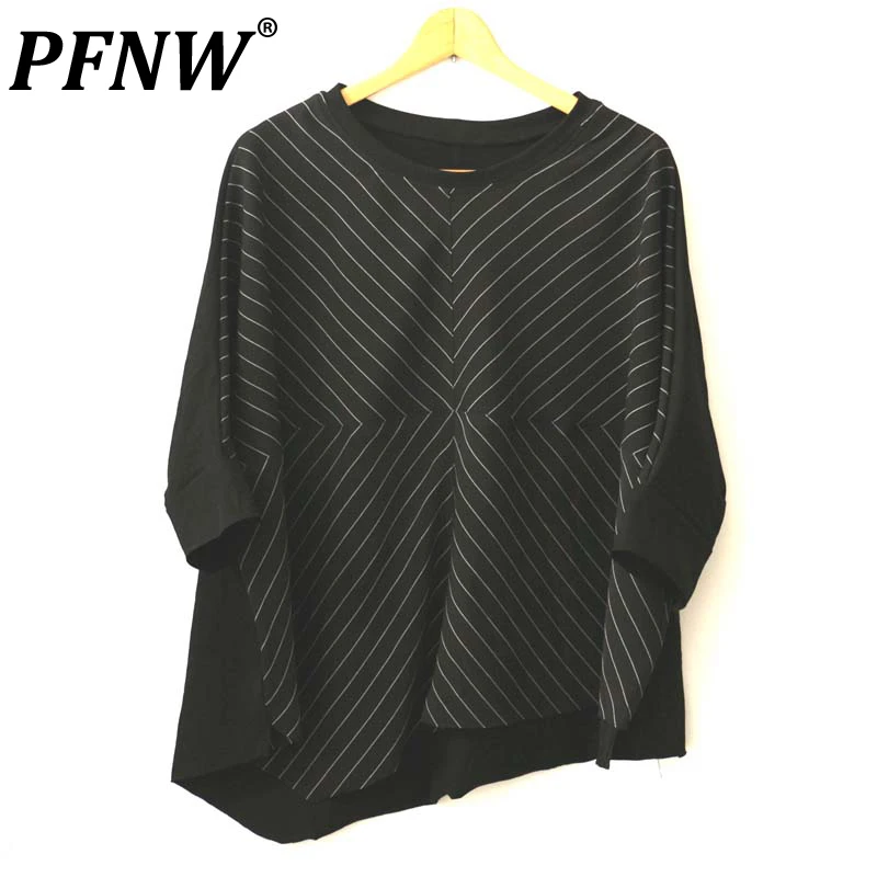 

PFNW Summer Men's Linen Tide Bat Sleeve Personalized Striped T-shirt Streetwear Asymmetric Design Baggy Deckle Edge Tees 12Z1444