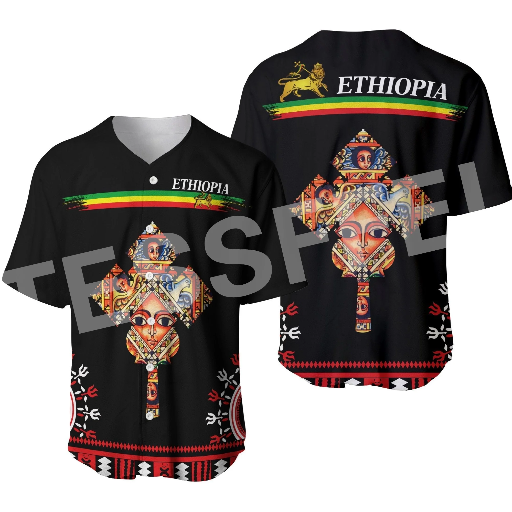 Africa County Flag Ethiopia Rasta Reggae Lion Tattoo 3DPrint Summer Harajuku Casual Funny Baseball Jersey Shirts Short Sleeves D