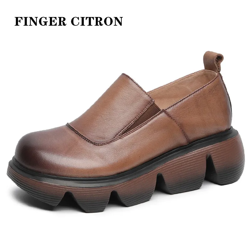 

Finger Citron Women Loafer Shoes Genuine Cow Leather For Spring And Autumn Retro Style Pvc Outsole By Handmade Size:35-40By