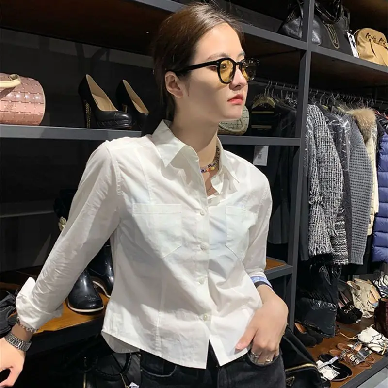 

HOUZHOU Long Sleeve White Cropped Shirts Women Youth Chic Korean Style Asymmetric Blouse Female Aesthetic Elegant Casual Clothes