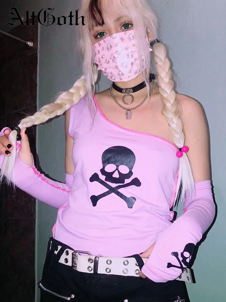 

AltGoth Punk Y2k Pink T-shirt Women Streetwear Gothic Skull Printed One-shoulder Tee Top Harajuku E-girl Emo Alternative Clothes