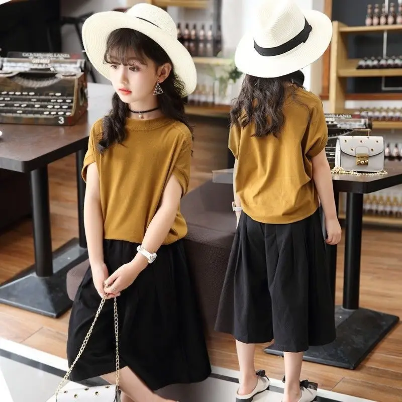 

Girls Set 2023 Summer Child Short Sleeve T-shirt + Wide Leg Pants 2pcs Sets Kids Casual Outfits Teenger Girl Clothing 4-12Y L40