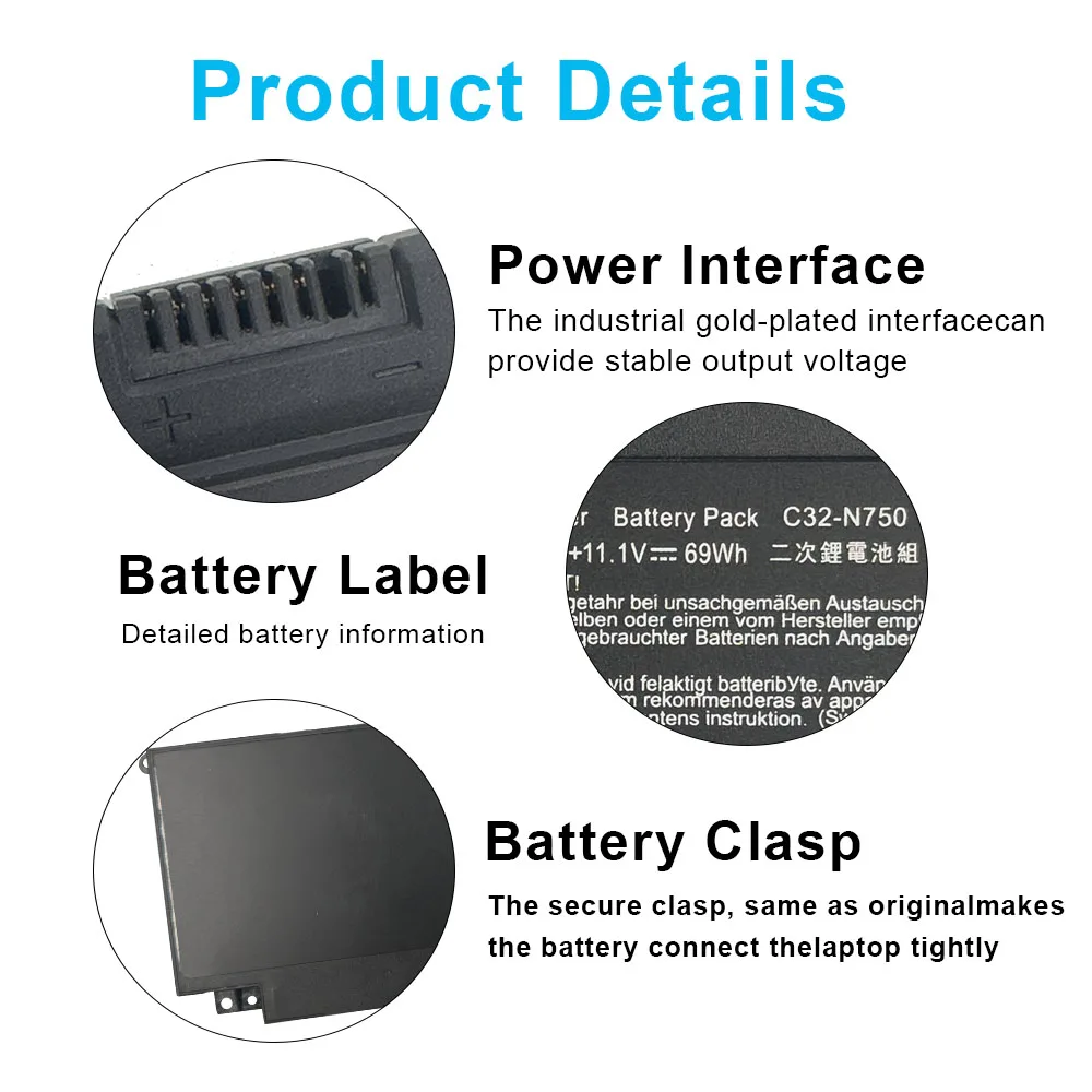 Фото Новая батарея для ноутбука C32-N750 11.1V 6290mAh 69Wh, совместимая с сериями ASUS N750 N750J N750JK N750JV N750Y47JK-SL N750Y47JV-SL №2