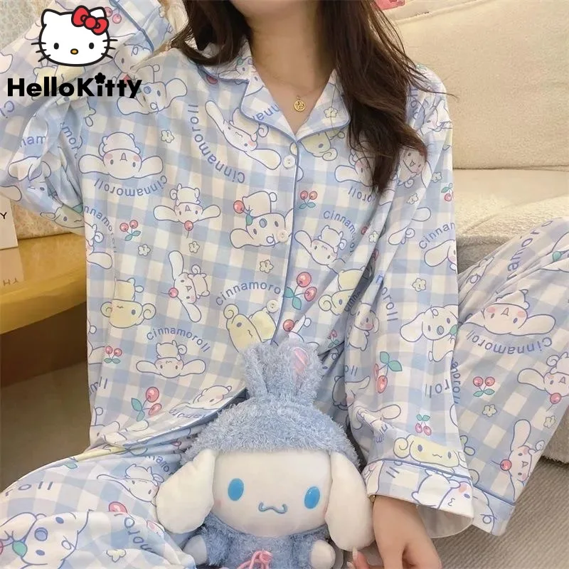 

Женский пижамный комплект Sanrio в стиле аниме Cinnamoroll, новинка на весну, домашняя одежда Kuromi Y2k, милая одежда для сна в стиле преппи, топы и штаны для девочек, из двух предметов