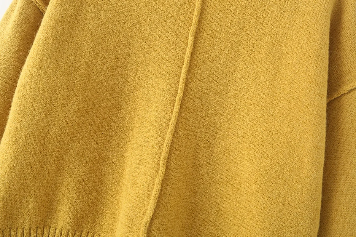 TRAFZA 2024 Chic однотонный желтый женский свитер с круглым вырезом и разрезом