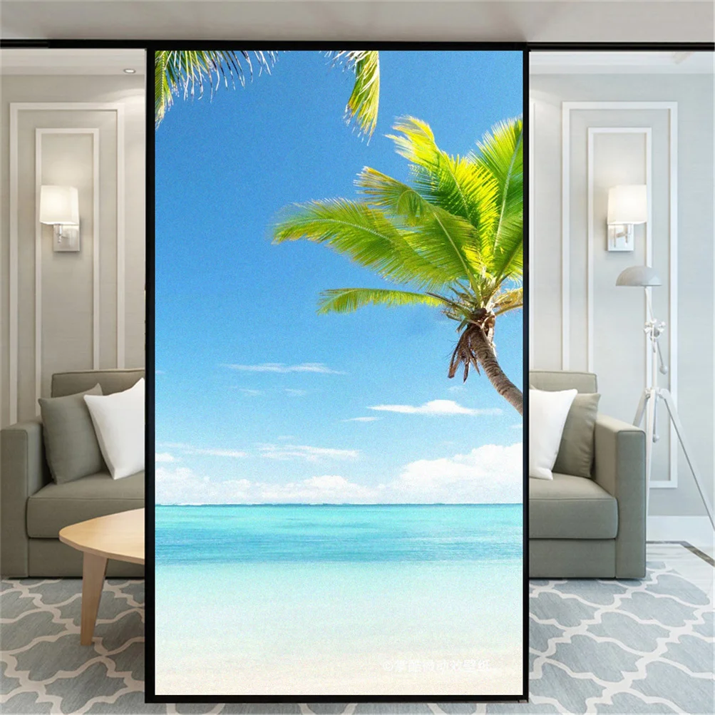 

Decorative Windows Film Privacy Seaside View Glass Window Stickers No Glue Static Cling Frosted Window Film for Home Decor