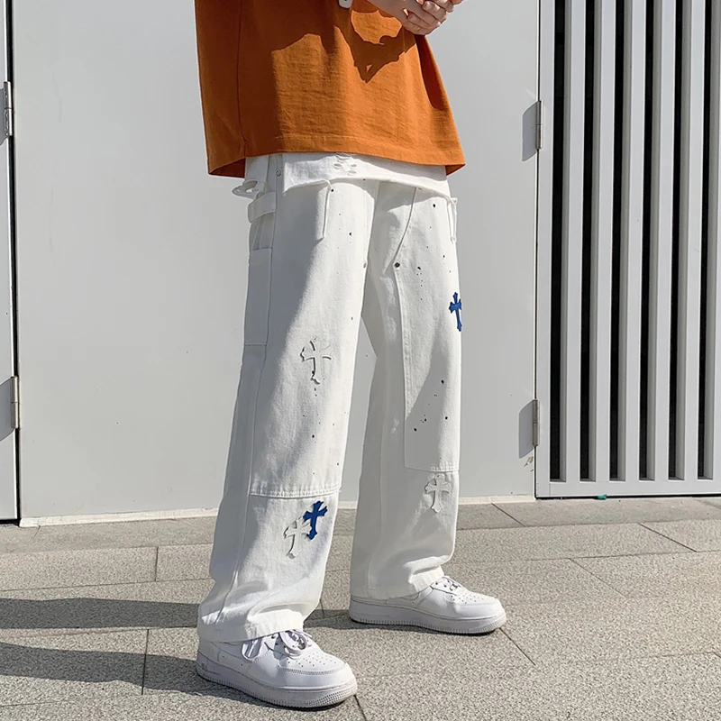 European and American Hip-hop Neutral Wide-leg Denim Trousers Loose Straight Crossover Overalls Men's Jeans Pants Casual Loose