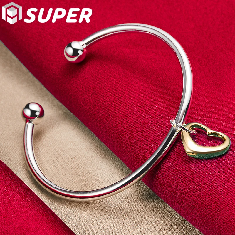 

925 Sterling Silver Gold Heart Cuff Bangle Bracelet For Man Woman Wedding Engagement Fashion Charm Party Jewelry