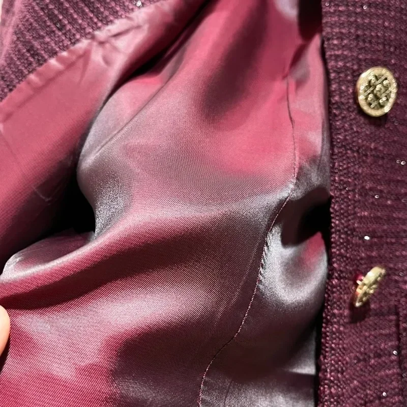 Женская куртка с блестками Bugundy элегантная твидовая круглым вырезом и длинным