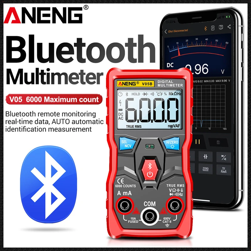 Цифровой Bluetooth мультиметр ANENG V05B, профессиональный аналоговый мультиметр, 6000 отсчетов, минитестеры напряжения переменного/постоянного тока, True RMS