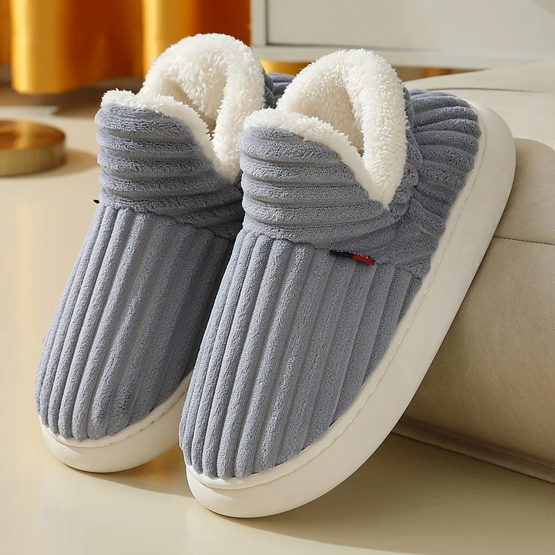 Full Back Plush Slippers For Men Comfortable Indoor Fur Loafer Shoes Unisex Home Slippers Man Gray Non Slip House Mocassin Shoe