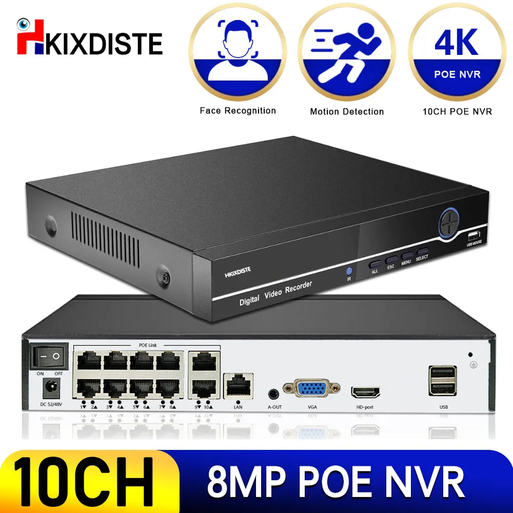 Сетевой видеорегистратор 10CH 4K 8MP PoE NVR для домашней системы видеонаблюдения 8CH 24/7 запись 4CH H.265 сетевой регистратор с обнаружением лица