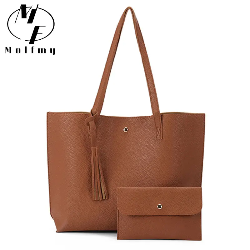 

2 Sets Pu Handbag For Women Soft Leather Shoudler Messenger Bags Female Tassel Large Capacity luxury designer Handbag Tote Bag