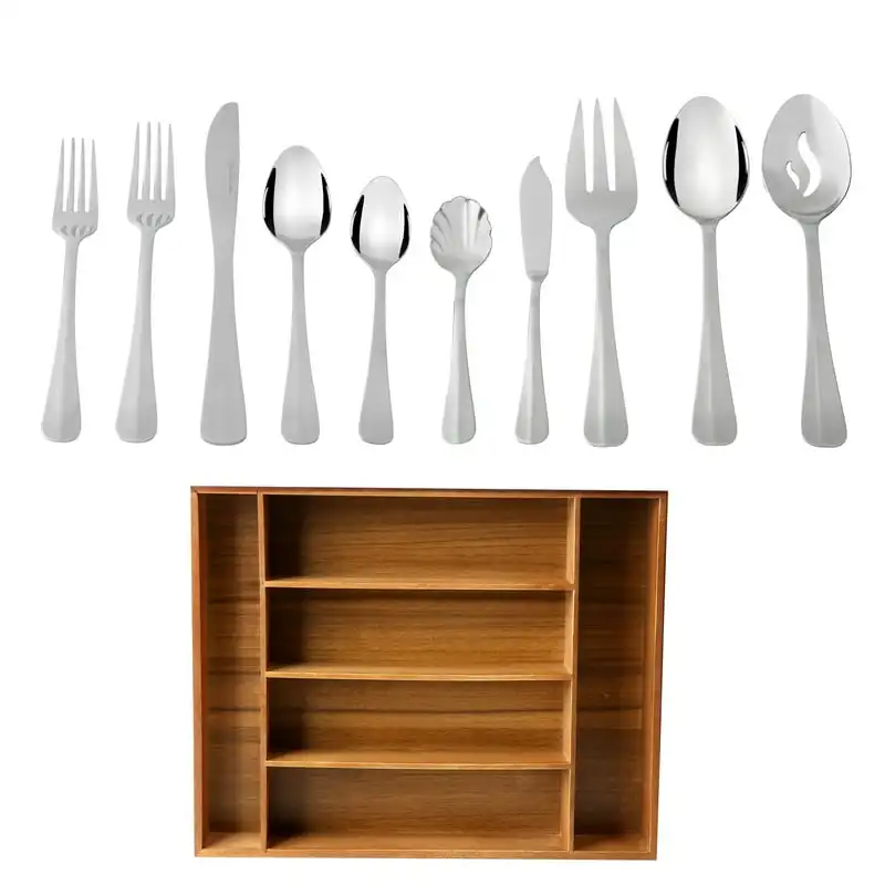 

45 Piece Stainless Steel Flatware Set with Wooden Tray Organizer, Service for 8 Organizer Dish drying racks Storage organizer Fo