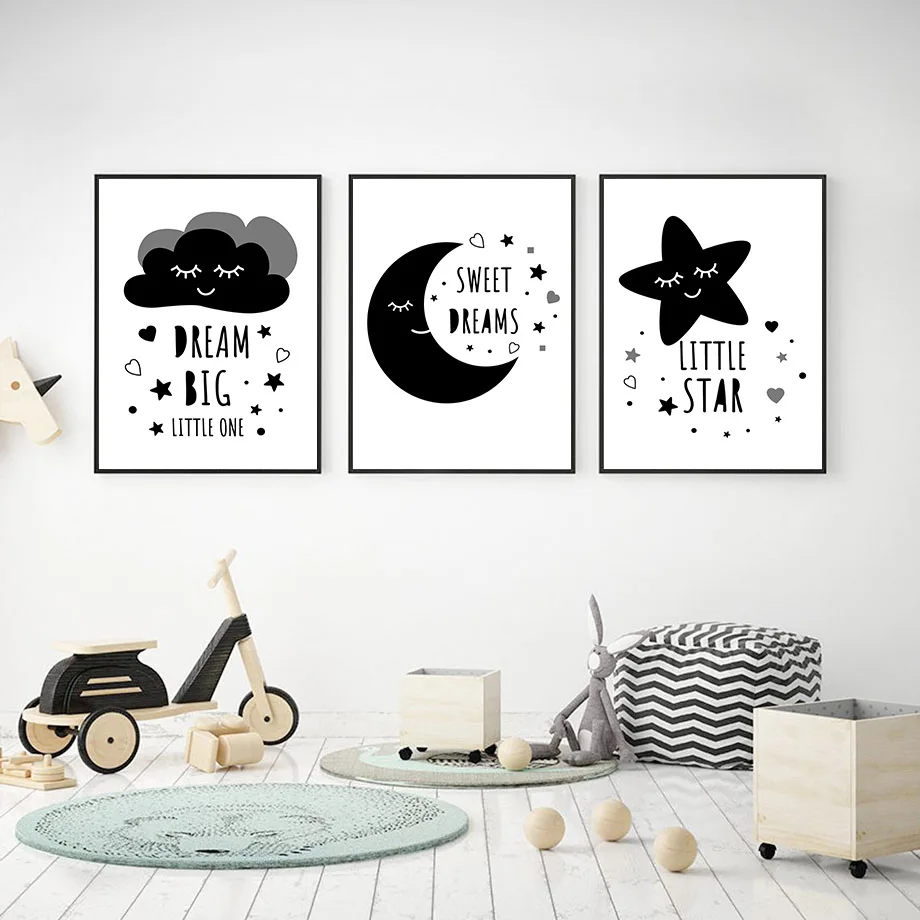 

Star Moon Cloud Wall Art Posters Big Dream Little Star Quotes Canvas Painting Black White Art Prints Nordic Baby Kids Room Decor