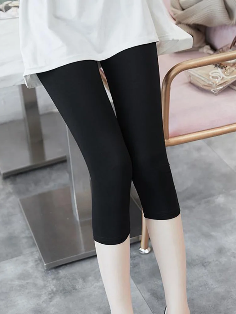 YSDNCHI Women Jegging Polyester Solid Black Capris High Waist Fitness Capri Elastic Mid-Calf Short Cropped Pants