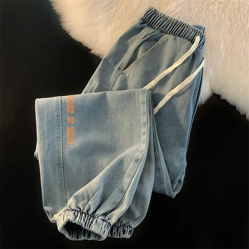 Elastic Waist Leggings Mens Jeans Loose Fitting Trendy Casual Retro Hong Kong Harlan Cropped Pants for Men