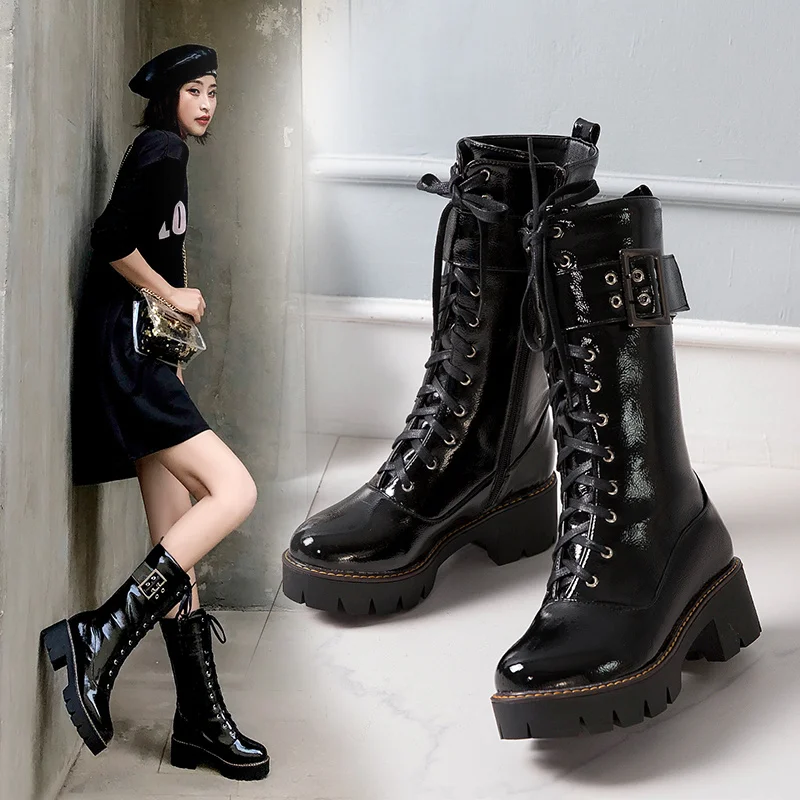 

Women Lacquer Motorcycle Lace-up Metal Decoration Mid-Calf Boots Flat With Shoes For Female Autumn Winter Round Toe Boots