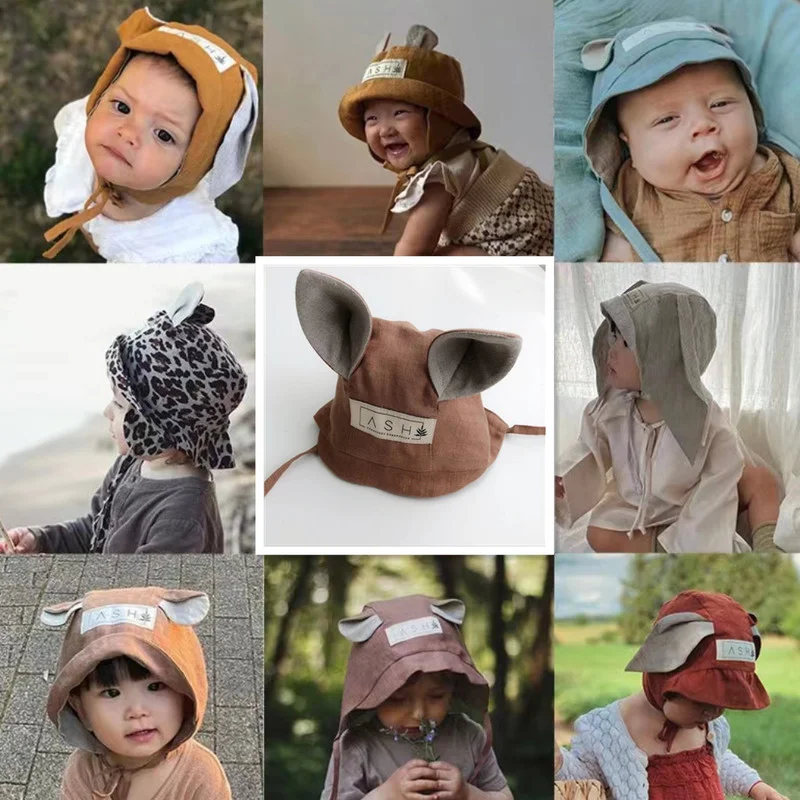 Ins Autumn Baby Fisherman Hat Cotton Linen Cute Animal Ear Hat Travel Beach Fishing Hat Panama Boy Girl Children Sun Hat