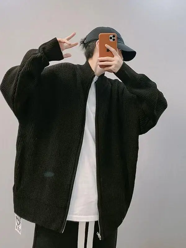 Gray Zip-up Cardigan sweater Outerwear Men's Autumn and Winter Trendy Loose Lazy Ruffle Handsome Stand Collar Sweater J...