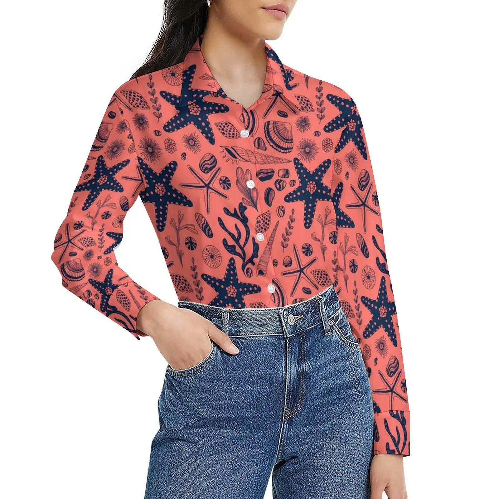 

Sea Shells Loose Blouse Living Coral Korean Fashion Oversized Blouses Woman Long-Sleeve Cool Shirt Autumn Design Clothes