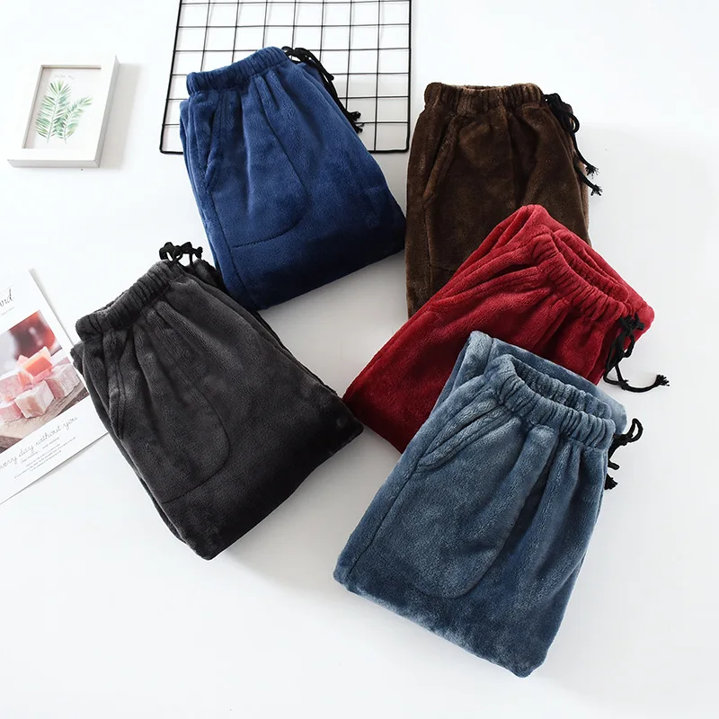 Winter Coral Fleece Sleep Bottoms For Men Thicken Warm Mens Sleepwear Long Pants Comfortable Drawstring Pajama Sleeping Trousers