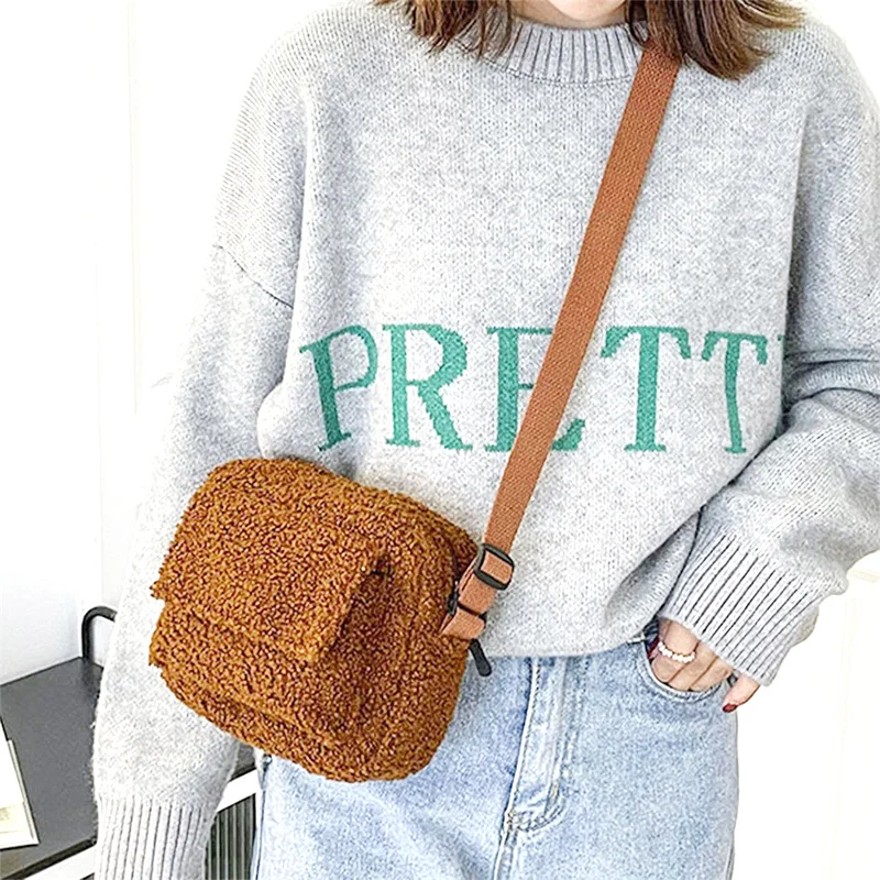 

New Plush Fabric Women's Shoulder Crossbody Bag Small Fashion Lambs Wool Fluffy Fur Winter Female Bag Designer Handbags