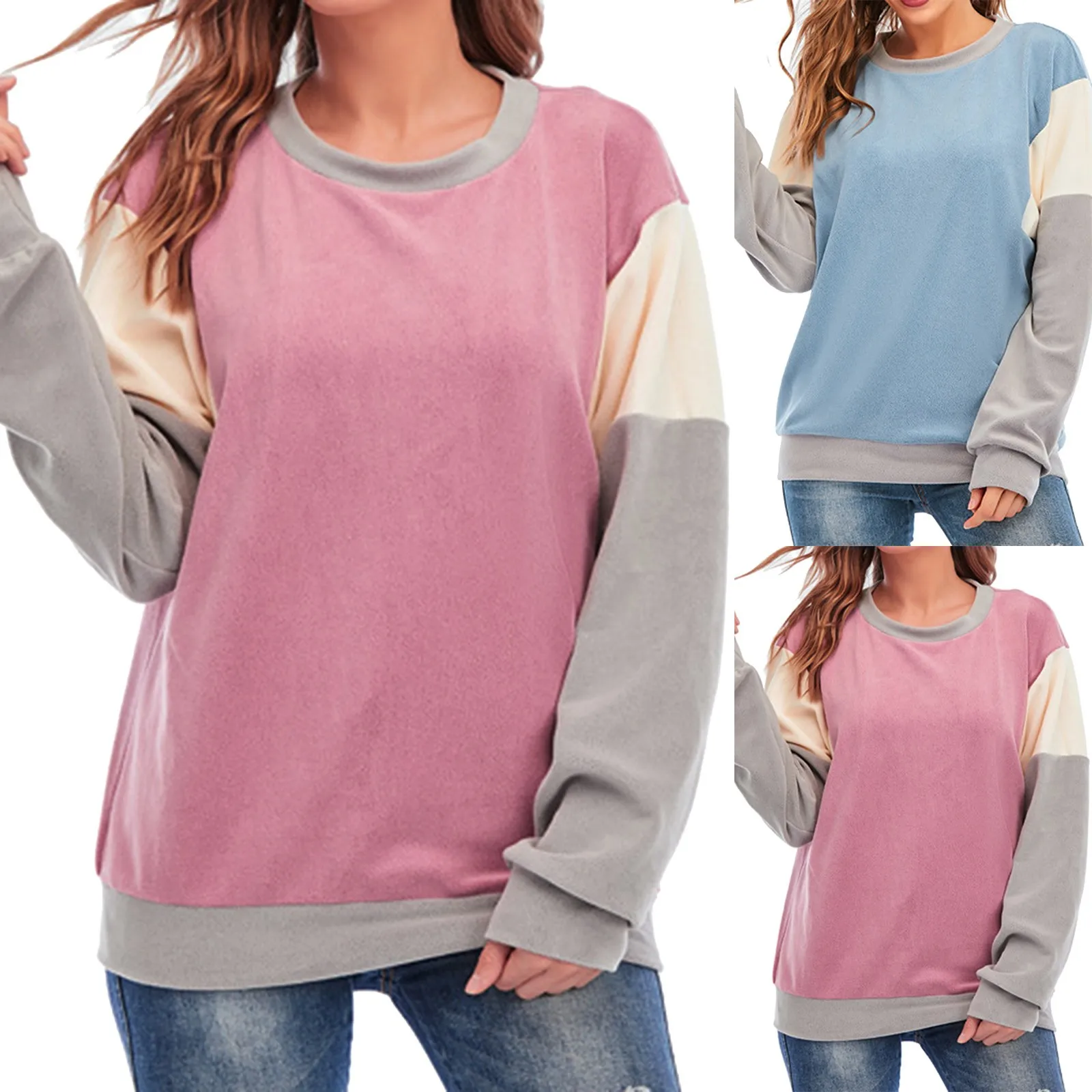 

Light Sweatshirt Women New Autumn And Winter Round Neck Long Sleeve Blouse Contrast Color Pullover Coat Winter Lingerie Women